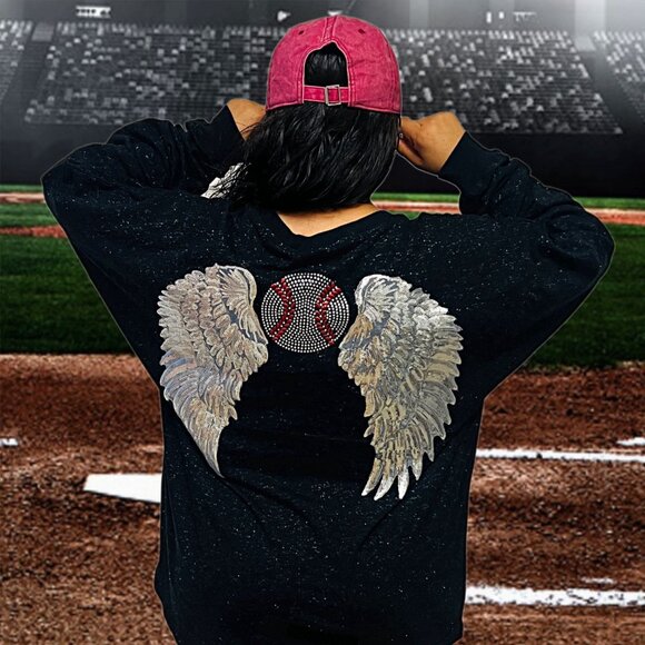 J. America Vintage Baseball Sequin Angel Wings Sweatshirt Pullover Top RARE Uni - Picture 1 of 9